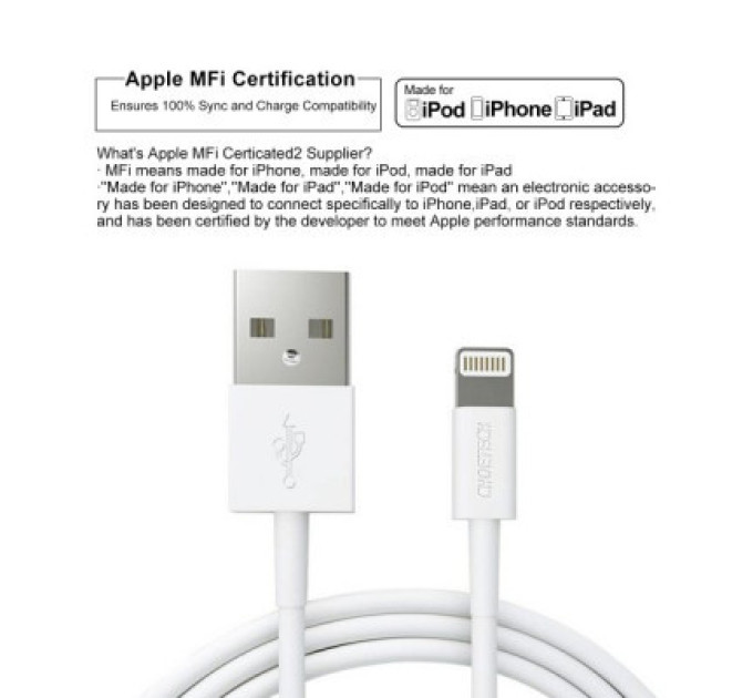 Choetech Кабель Choetech IP0027-WH, USB 2.0 А-тато/Lightning, 1.8 м.