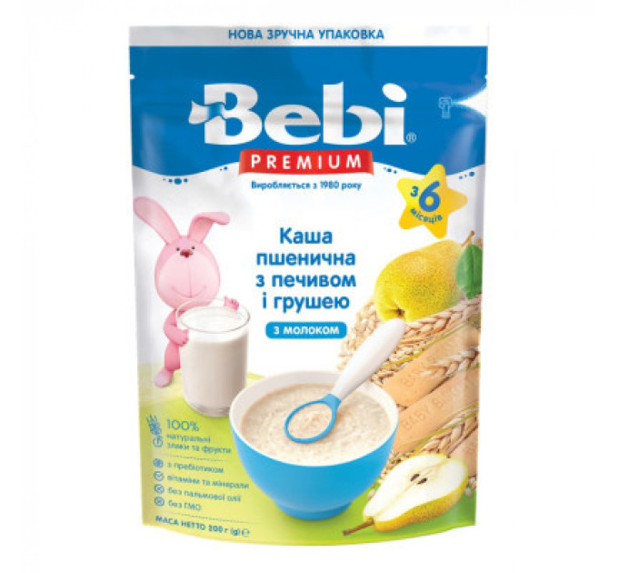Bebi Дитяча каша Bebi Premium молочна пшенична з печивом та грушею +6 міс. 200 г (8606019654283)
