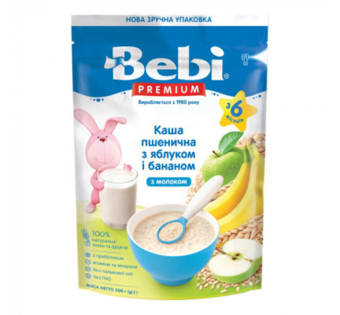 Bebi Дитяча каша Bebi Premium молочна пшенична з яблуком та бананом +6 міс. 200 г (8606019654344)