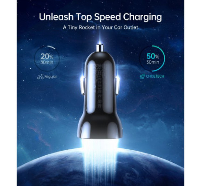 Choetech Автомобільне ЗУ TC0008-BK, 2 порти, 40Вт,QC3.0+PD, чорний