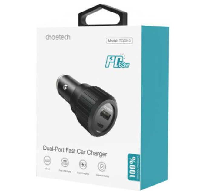 Choetech Автомобільне ЗУ TC0010-BK, 2 порти, 63Вт, QC3.0+PD, пластик, чорний
