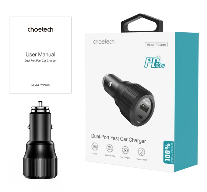 Choetech Автомобільне ЗУ TC0010-BK, 2 порти, 63Вт, QC3.0+PD, пластик, чорний