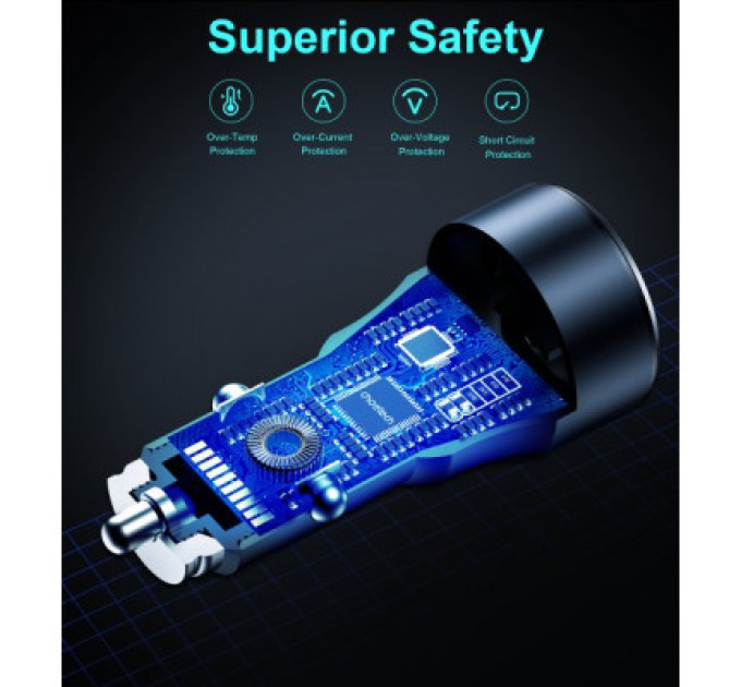 Choetech Автомобільне ЗУ TC0010-BK, 2 порти, 63Вт, QC3.0+PD, пластик, чорний