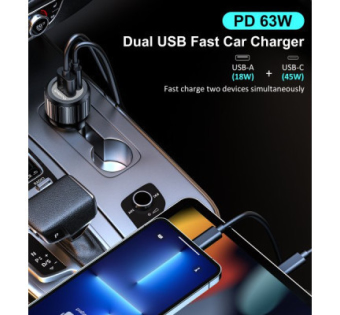 Choetech Автомобільне ЗУ TC0010-BK, 2 порти, 63Вт, QC3.0+PD, пластик, чорний