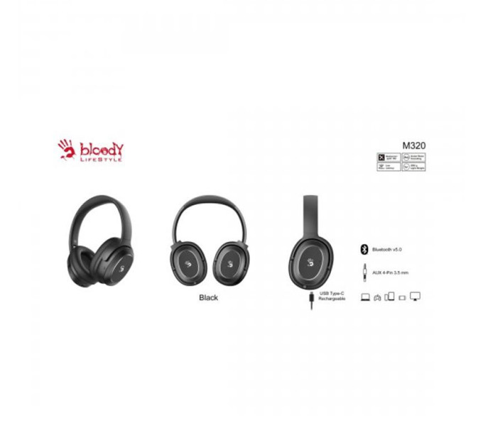 Bloody Гарнітура ігрова Bloody M320 (Black), чорний колір, Bluetooth v5.0 + 3.5 Jack
