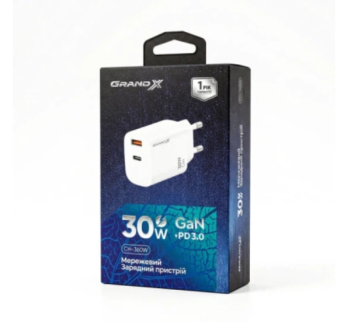 Grand-X Зарядний пристрій Grand-X 1xUSB-C + 1xUSB QC3.0 36W white (CH-360W)