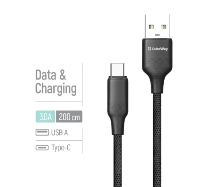 ColorWay Дата кабель USB 2.0 AM to USB-C 2.0m 3A TPE embossed black ColorWay (CW-CBUC102-BK)