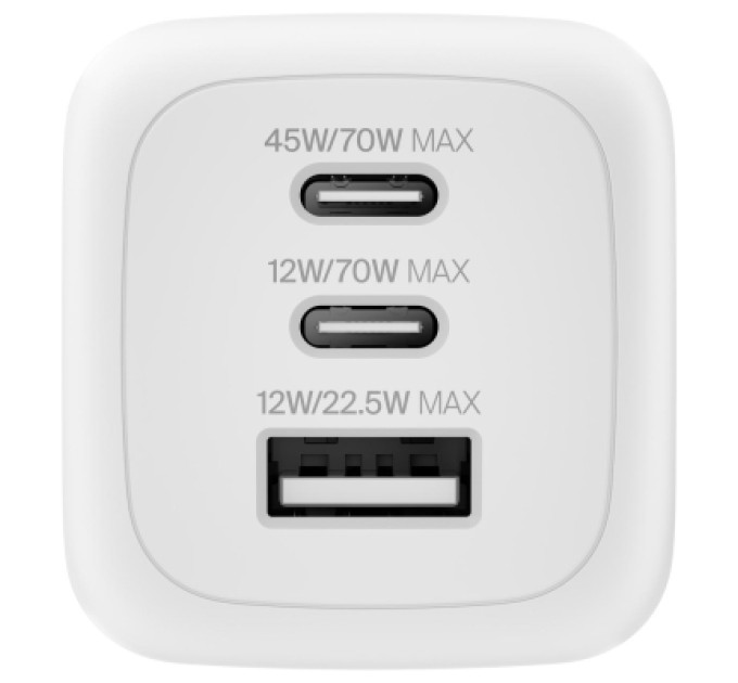 Belkin Зарядний пристрій Belkin 2xUSB-C + 1xUSB PD70W PPS GaN white (WCH018HQWH)