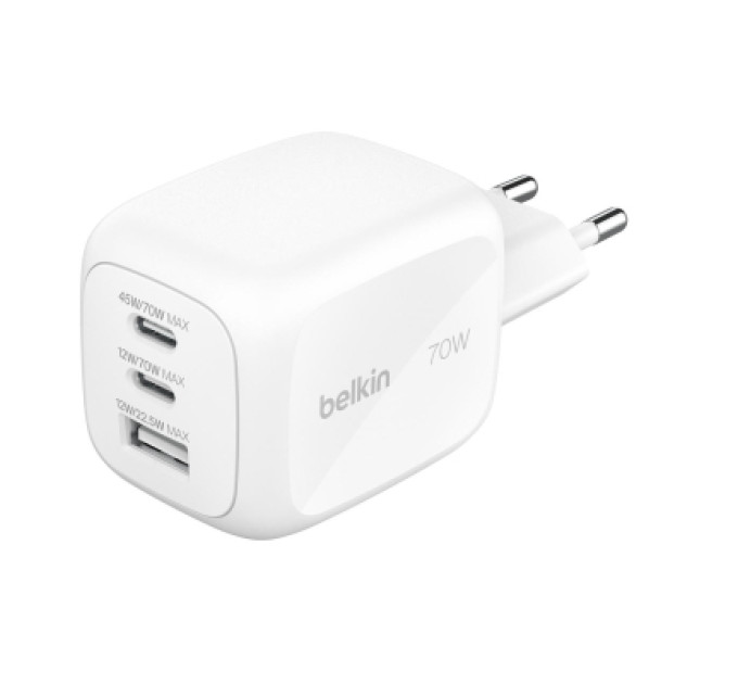 Belkin Зарядний пристрій Belkin 2xUSB-C + 1xUSB PD70W PPS GaN white (WCH018HQWH)
