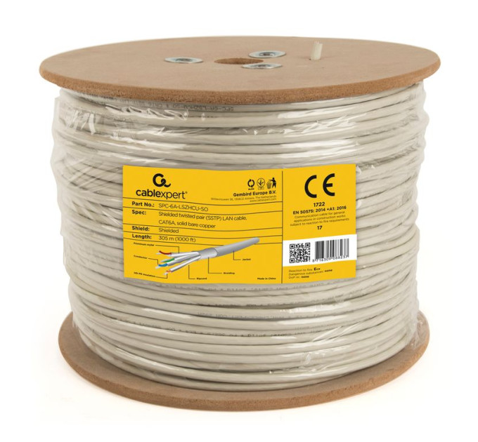 Cablexpert Звита пара,Cablexpert SPC-6A-LSZHCU-SO, CAT6A, одножильна, мідь (AWG23), подвійне екранування, 305 м