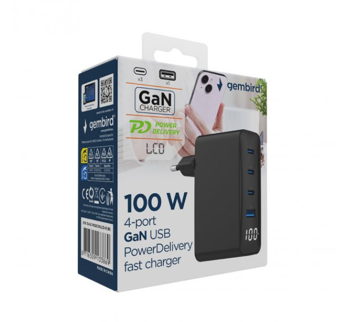 Gembird Мережевий зарядний пристрій Gembird TA-UC-PDQC100LCD-01-BK 100W