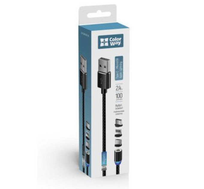 ColorWay Дата кабель USB 3в1 (Lightning+MicroUSB+Type-C) Magnet only charge ColorWay (CW-CBUU020-BK)