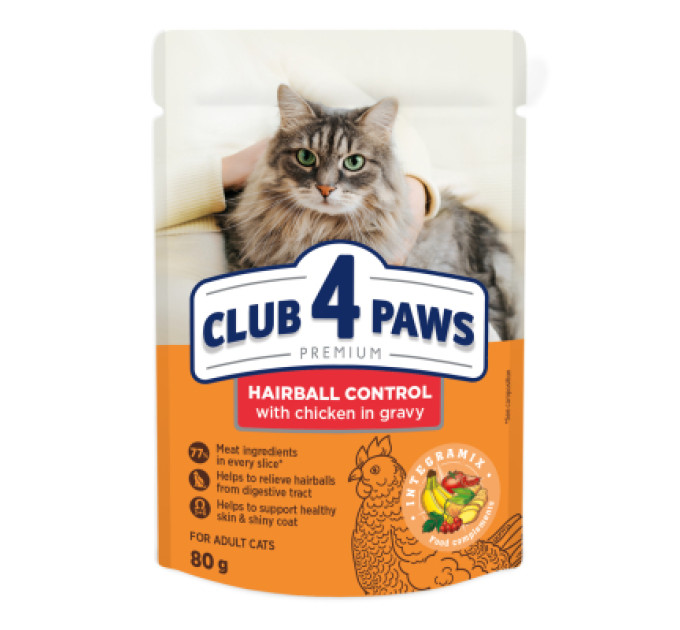 Вологий корм для кішок Club 4 Paws з ефектом виведення шерсті 80 г (4820215369299)