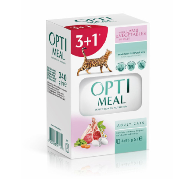 Optimeal Вологий корм для кішок Optimeal з ягнятком та овочами у желе 4x85 г (4820083907470)