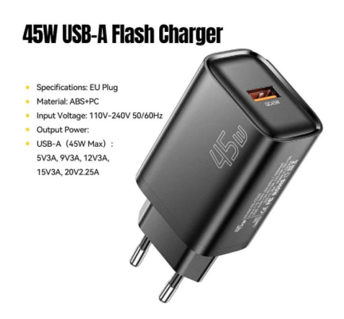 Зарядний пристрій Essager USB-A QC3.0 45W black (ECT45W-RPB01-Z)