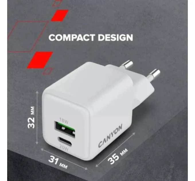 Canyon Зарядний пристрій Canyon CU20AC GaN 20W 1xPD 1xQC EU White (CNS-CUW20AC)