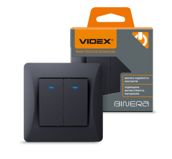 Videx Вимикач Videx BINERA 2кл з підсвіткою чорний графіт (VF-BNSW2L-BG)