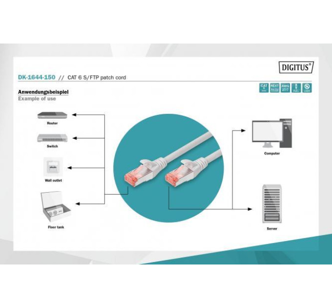 Assmann Патч-корд DIGITUS CAT 6 S-FTP, 15м, AWG 27/7, LSZH, сірий DK-1644-150