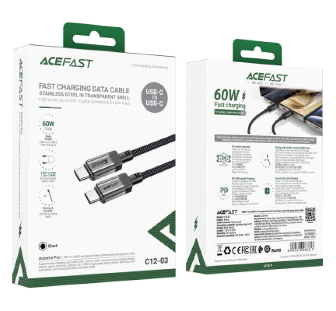 Acefast Дата кабель USB-C to USB-C 1.2m 60W stainless steel C12-03 Black Acefast (6974316283317)