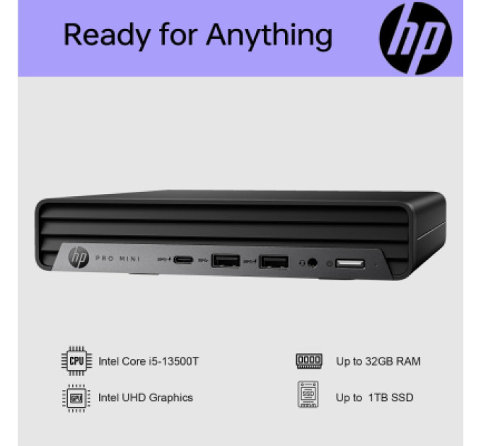 HP Комп'ютер HP Pro 400 G9 Mini / i3-13100T, 8, 512, WiFi, кл+м, Win11P (884V0EA)