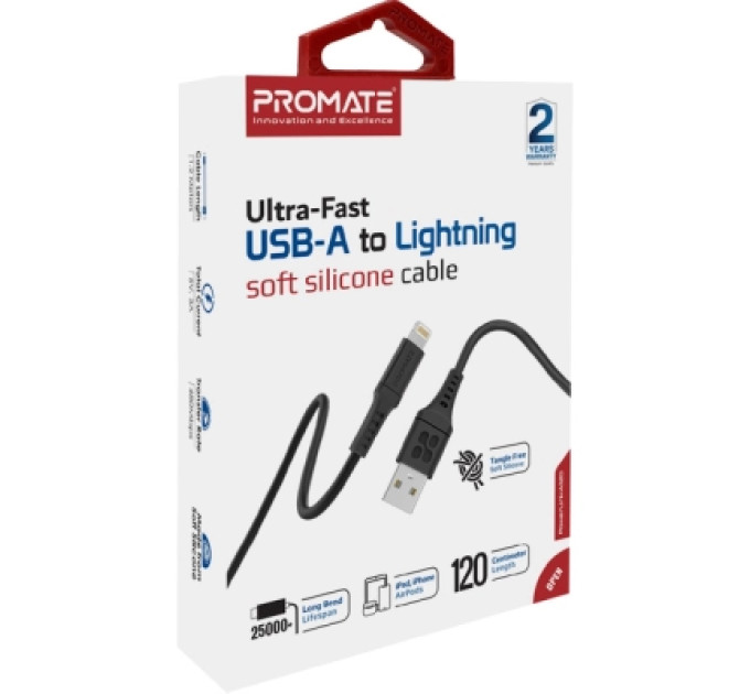 Promate Дата кабель USB 2.0 AM to Lightning 1.2m 2.4A PowerLink-Ai120 black Promate (powerlink-ai120.black)