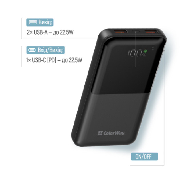 ColorWay Батарея універсальна ColorWay 10 000 mAh PD/22.5W, QC/3.0, LCD, Black (CW-PB100LPB3BK-PDD)