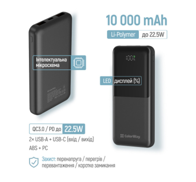 ColorWay Батарея універсальна ColorWay 10 000 mAh PD/22.5W, QC/3.0, LCD, Black (CW-PB100LPB3BK-PDD)