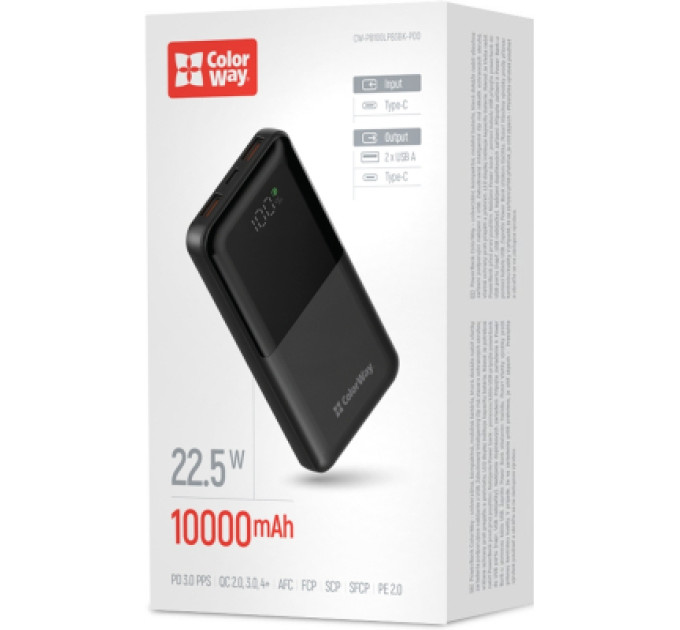 ColorWay Батарея універсальна ColorWay 10 000 mAh PD/22.5W, QC/3.0, LCD, Black (CW-PB100LPB3BK-PDD)