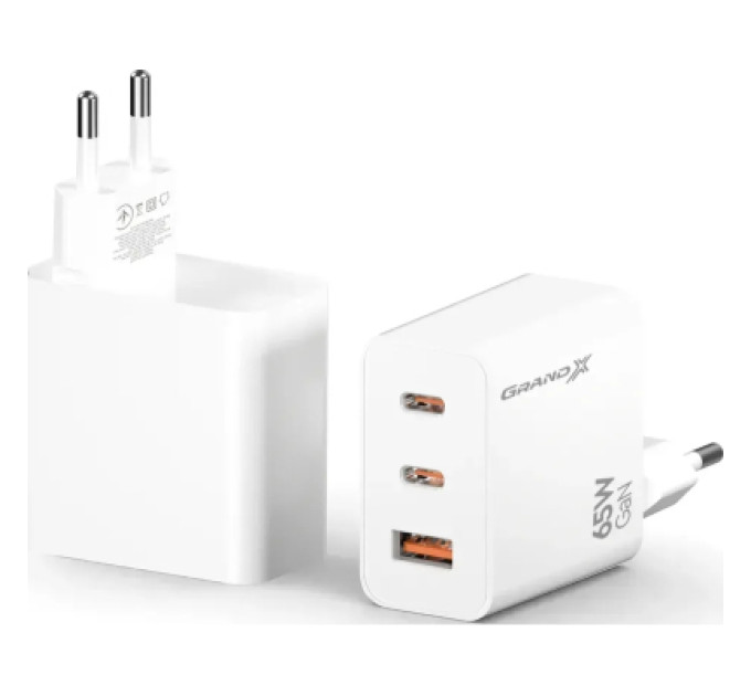 Grand-X Зарядний пристрій Grand-X 2xUSB-C + 1xUSB 65W PD3.0 QC4.0 AFC SCP FCP white (CH-990W)