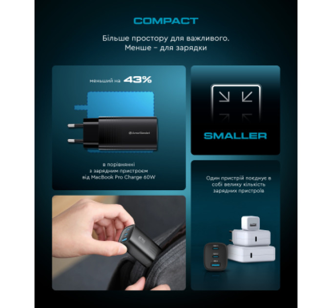 Armorstandart Зарядний пристрій Armorstandart 2xUSB-C + 1xUSB 67W GaN black (ARM88384)