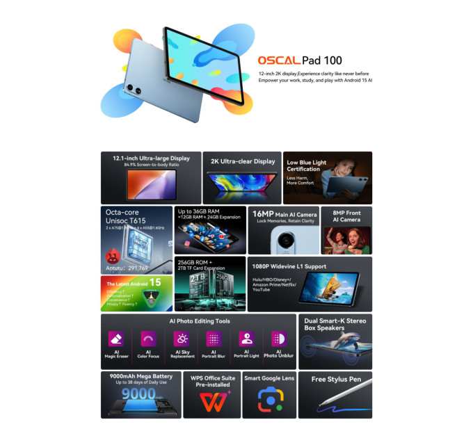 Oscal Планшет PAD100 BLUE 12" 256GB OSCAL