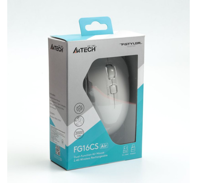 A4Tech Миша бездротова безшумна A4Tech Fstyler FG16CS Air (White),  USB, колір білий