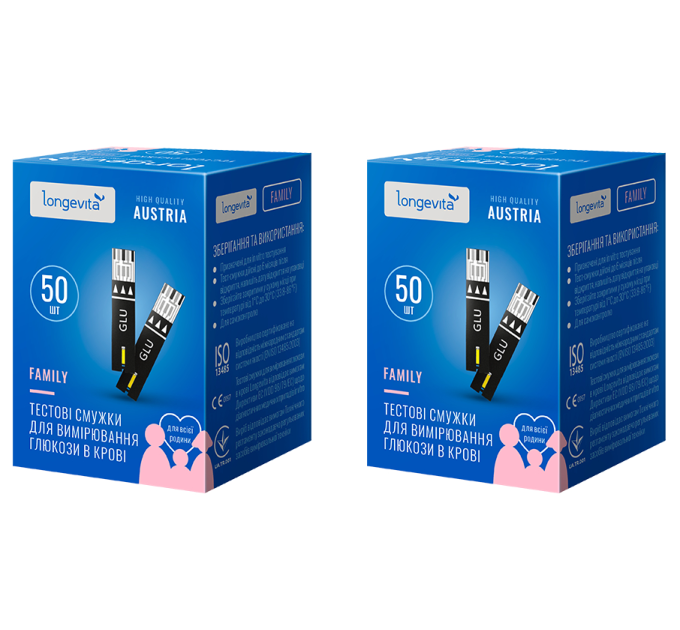 Longevita Тестові смужки для вимірювання глюкози у крові Longevita Family 100шт.(2*50шт)