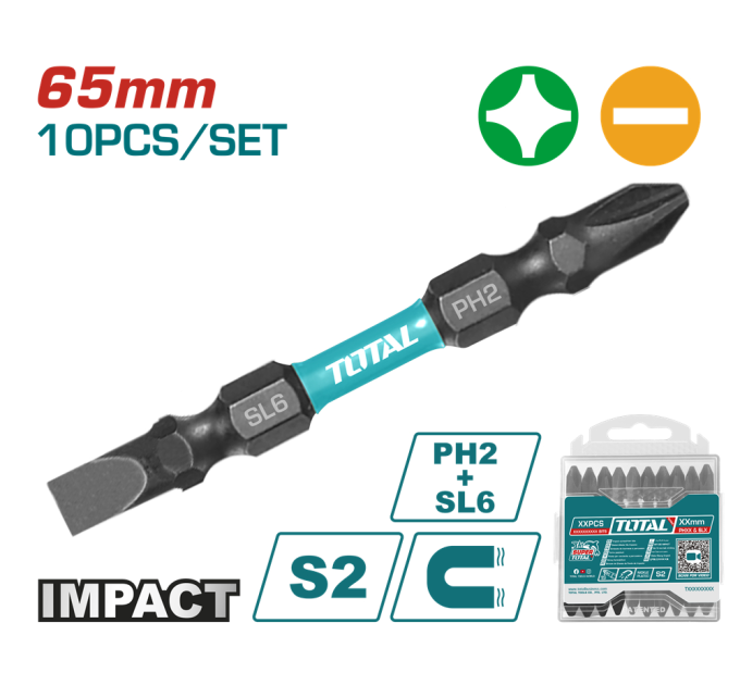 Total Викрутні насадки TOTAL TACIM16HL133, PH2+SL6, 65мм, 10шт.