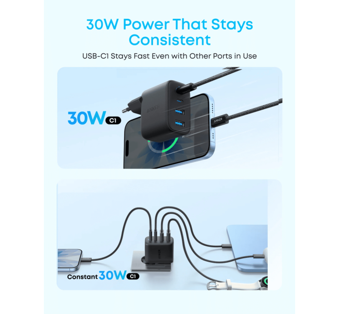 Anker Мережевий зарядний пристрій  ANKER Zolo Charger - 50W, 2xUSB-C & 2xUSB-A (Чорна)