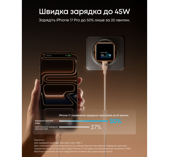 Anker Мережевий зарядний пристрій ANKER Nano Charger - 45W USB-C Smart Display (Білий)