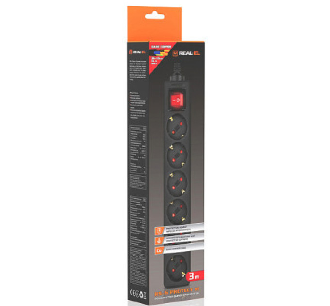 REAL-EL Мережевий фільтр живлення REAL-EL RS-6 Protect M 5m, black (EL122300036)