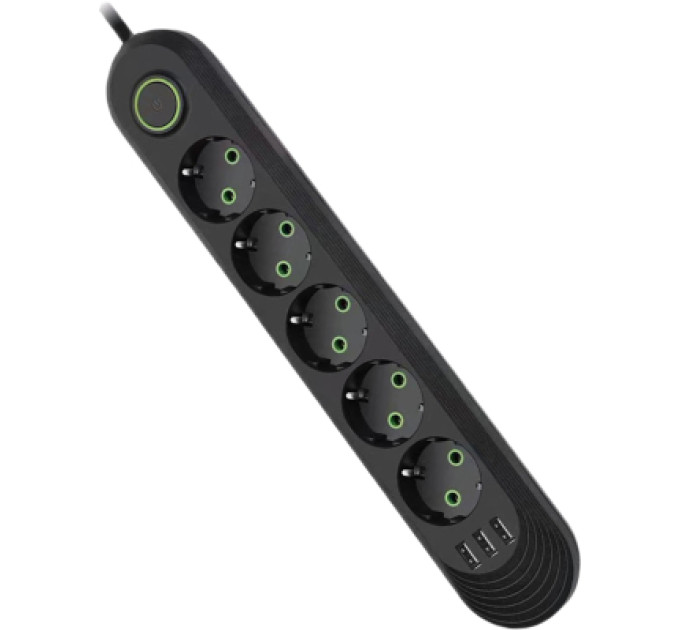 Voltronic Мережевий фільтр живлення Voltronic F05U, 5роз EU, 3*USB Black (F05U-Black)
