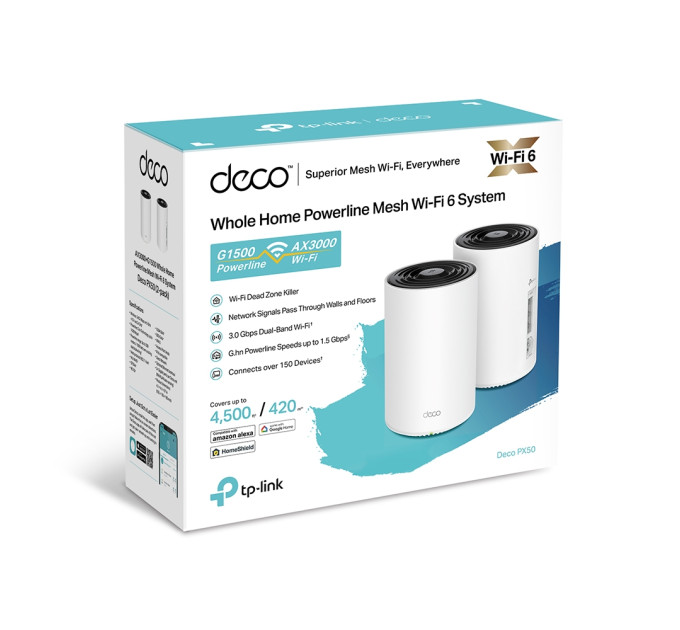 TP-Link WiFi Mesh система TP-Link Deco PX50(2-pack) (AX3000, 3xGE WAN/LAN, MU-MIMO, Powerline)