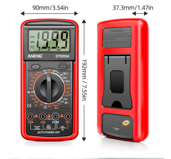 ANENG Цифровий мультиметр ANENG DT9205A-12, V, A, R, C, функція hFE (DT9205A-12)
