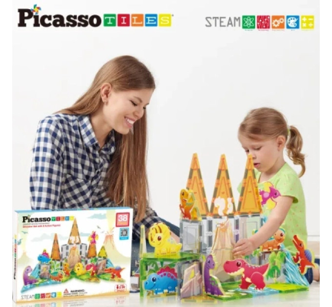 Picasso Настільна гра Picasso магнітний Tiles Dinosaur Set з 8 фігурками динозаврів 38 деталей (817338028848)