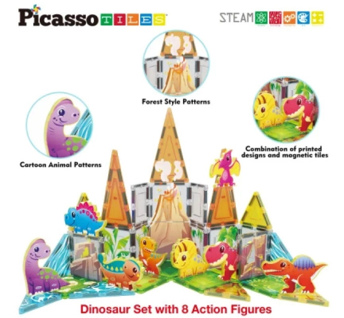 Picasso Настільна гра Picasso магнітний Tiles Dinosaur Set з 8 фігурками динозаврів 38 деталей (817338028848)