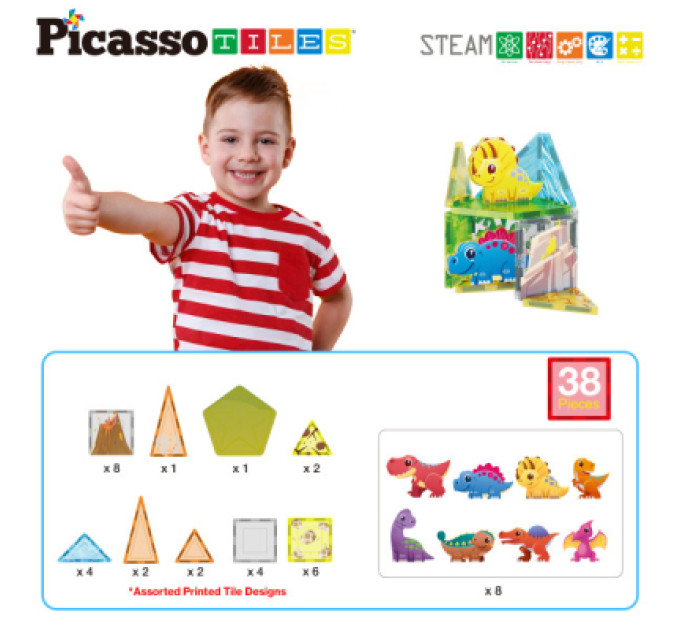 Picasso Настільна гра Picasso магнітний Tiles Dinosaur Set з 8 фігурками динозаврів 38 деталей (817338028848)