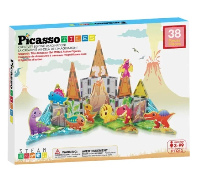 Picasso Настільна гра Picasso магнітний Tiles Dinosaur Set з 8 фігурками динозаврів 38 деталей (817338028848)
