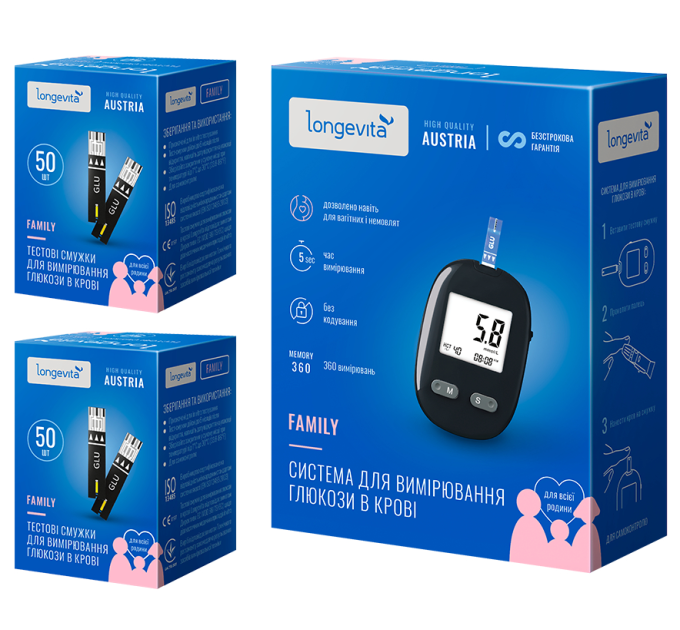 Longevita Глюкометр Longevita Family для вимірювання глюкози в крові + Тестові смужки 100шт.(2*50шт)