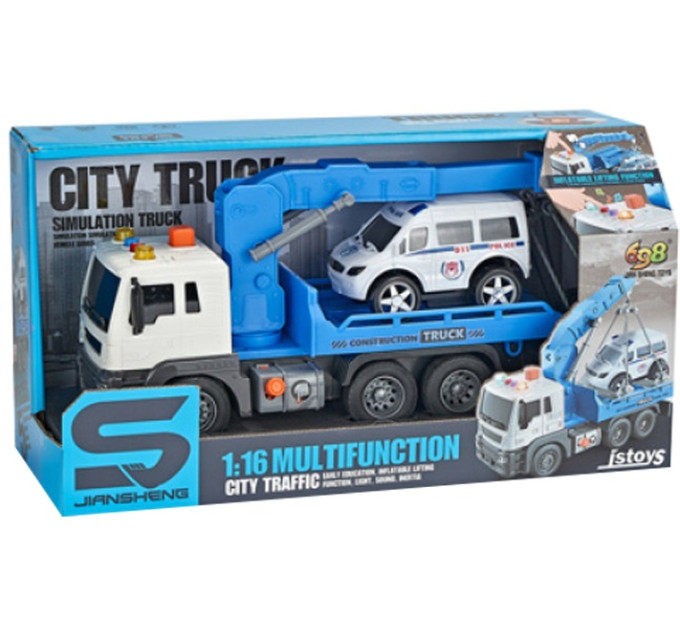 CARS S Іграшка CARS S Евакуатор з краном та поліцейською машиною 1:16 (рухомі частини, інерція, звук, світло, вихлоп)