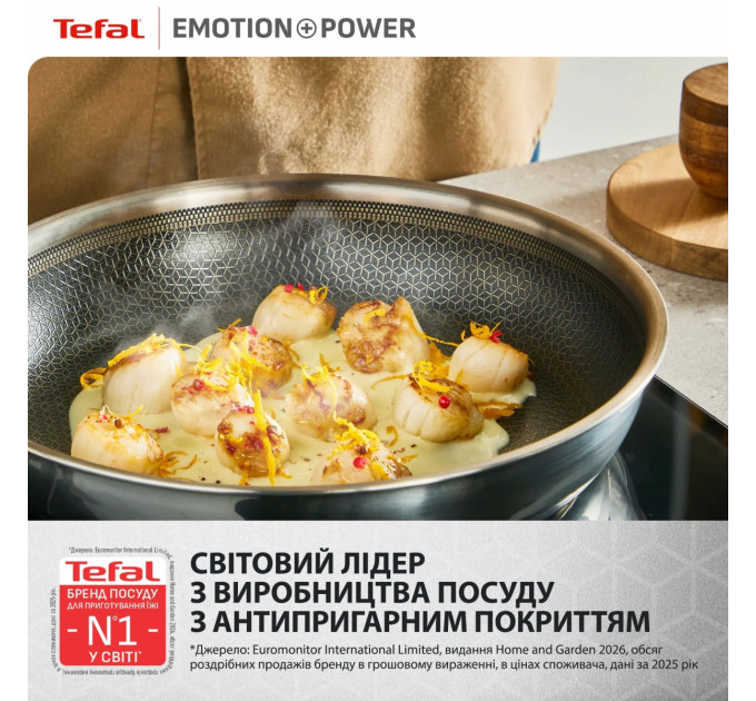Tefal Kitchenware Сковорода Tefal Emotion+ Power, 28см, з кришкою, нержавіюча сталь, серцевина-алюміній, хромована сталь, бакеліт, скло