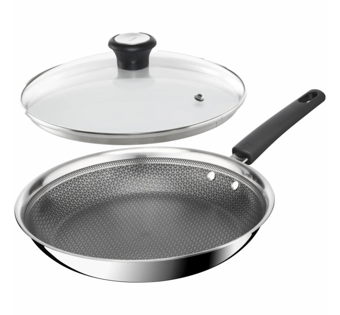 Tefal Kitchenware Сковорода Tefal Emotion+ Power, 28см, з кришкою, нержавіюча сталь, серцевина-алюміній, хромована сталь, бакеліт, скло