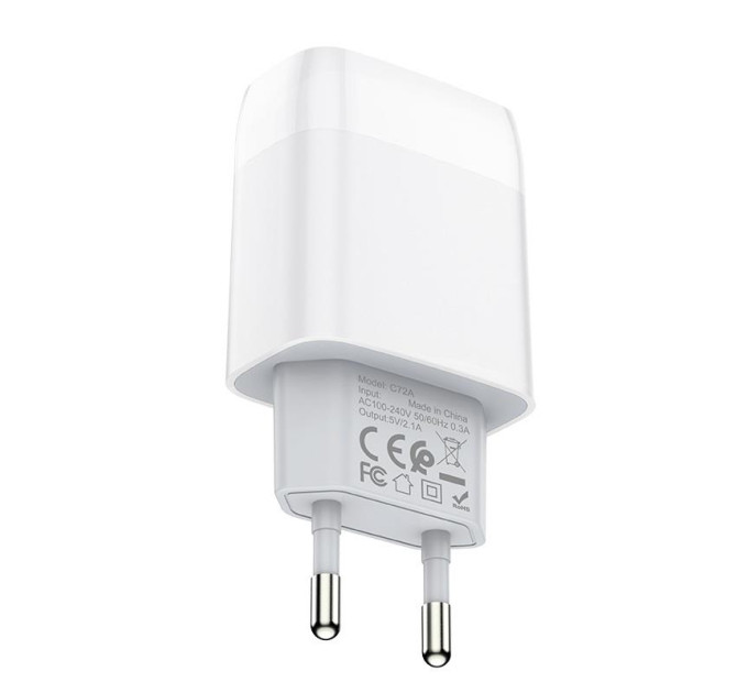 HOCO Зарядное устройство Hoco C72A Glorious (1USB, 2.1А) White (6931474712998) + кабель Lightning