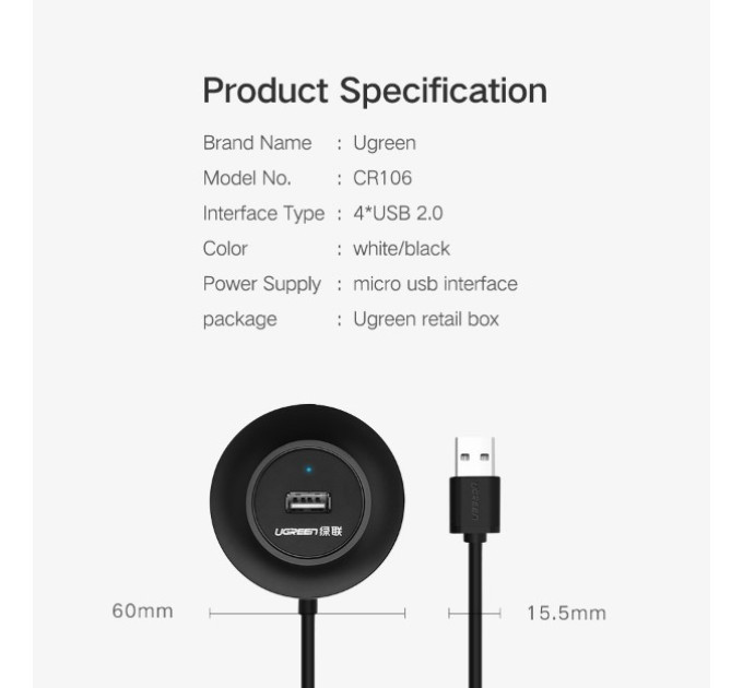 Ugreen Концентратор Ugreen 4-port 1m USB 2.0 CR106 black (20277)